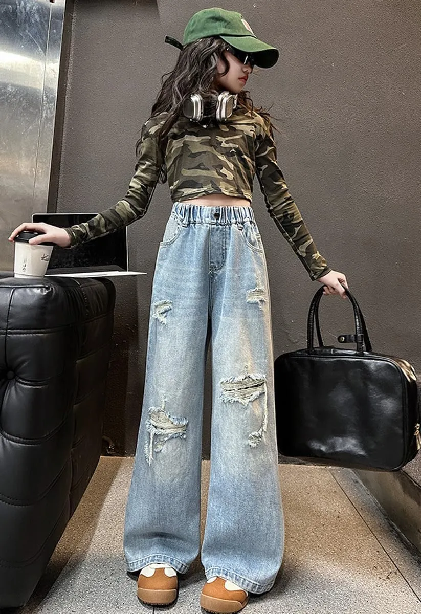 NABER Kids Girls Elastic Waist Cool Ripped Jeans Washed Denim Wide Leg Ripped Denim Jean Age 5-15 Years