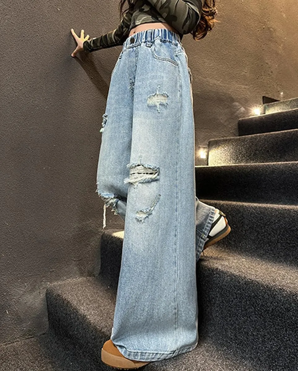 NABER Kids Girls Elastic Waist Cool Ripped Jeans Washed Denim Wide Leg Ripped Denim Jean Age 5-15 Years