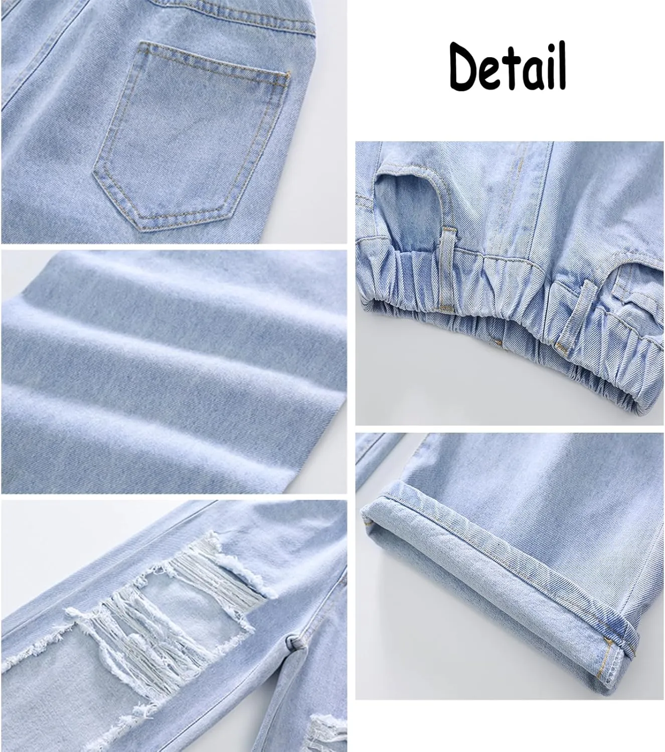 NABER Kids Girls Elastic Waist Cool Ripped Jeans Washed Denim Wide Leg Ripped Denim Jean Age 5-15 Years