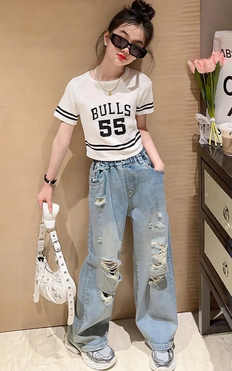 NABER Kids Girls Elastic Waist Cool Ripped Jeans Washed Denim Wide Leg Ripped Denim Jean Age 5-15 Years