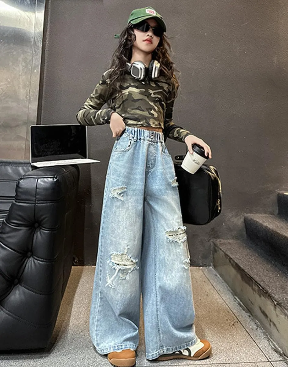 NABER Kids Girls Elastic Waist Cool Ripped Jeans Washed Denim Wide Leg Ripped Denim Jean Age 5-15 Years