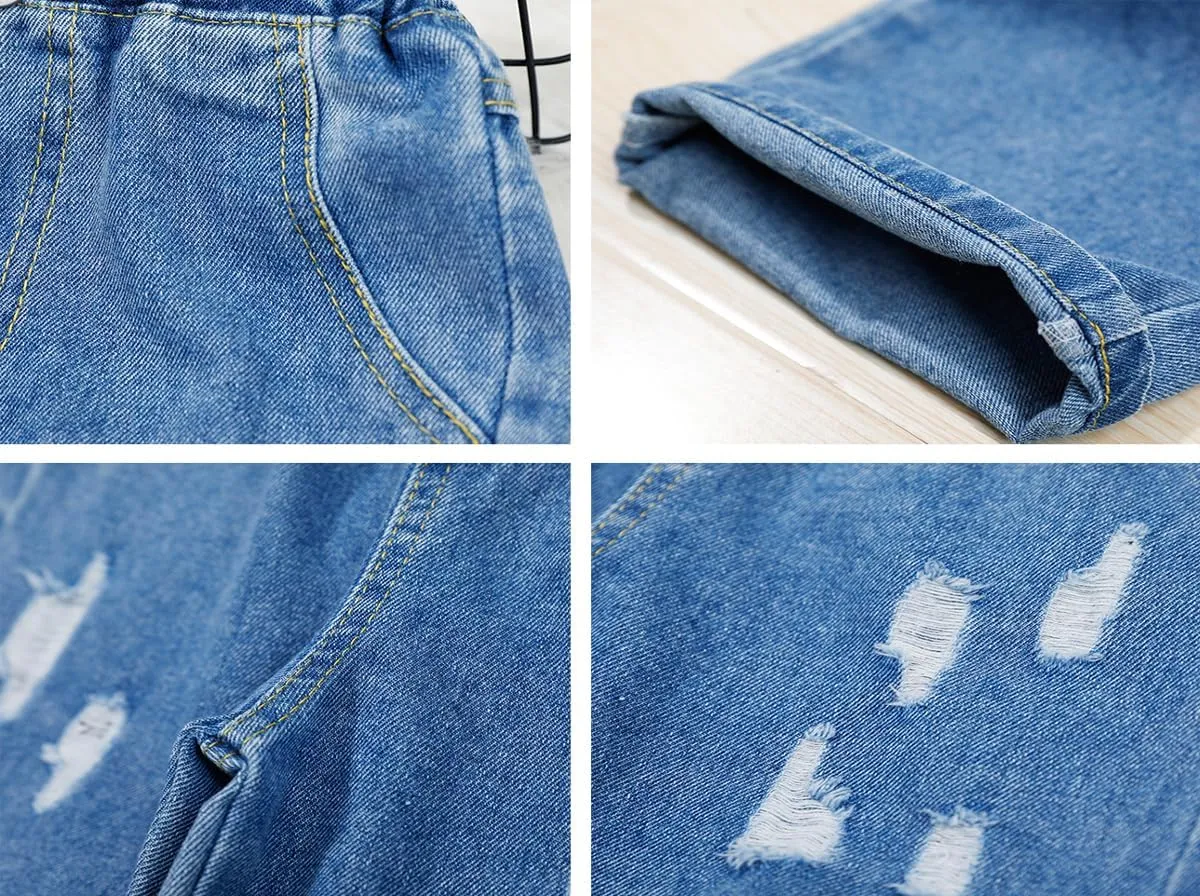 NABER Kids Girls Elastic Waist Cool Ripped Jeans Washed Denim Wide Leg Ripped Denim Jean Age 5-15 Years