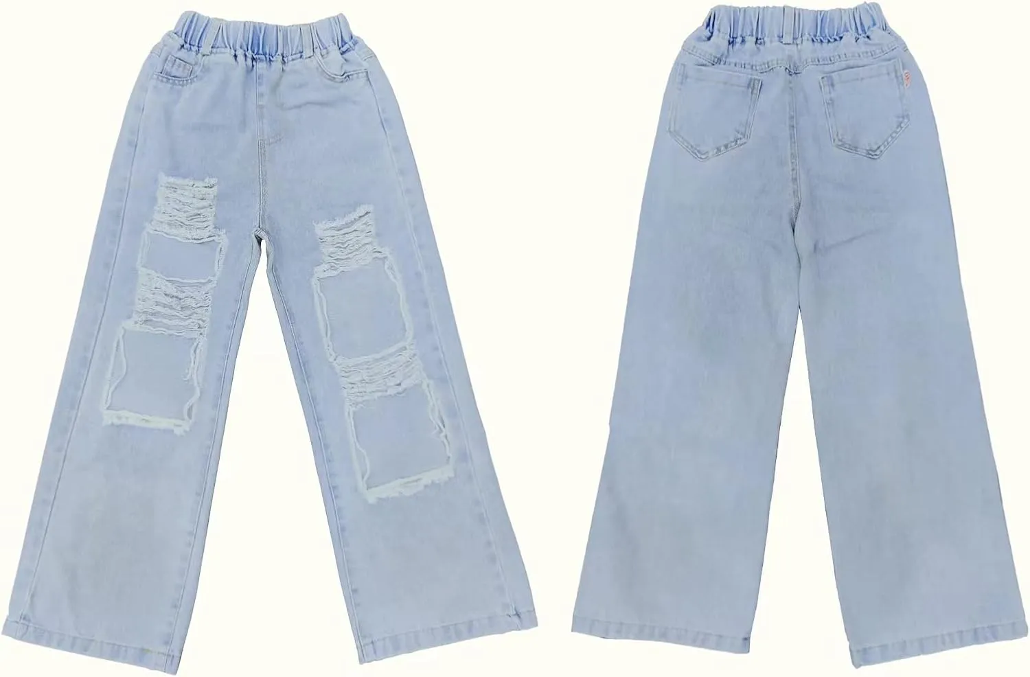 NABER Kids Girls Elastic Waist Cool Ripped Jeans Washed Denim Wide Leg Ripped Denim Jean Age 5-15 Years