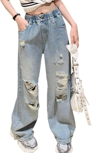 NABER Kids Girls Elastic Waist Cool Ripped Jeans Washed Denim Wide Leg Ripped Denim Jean Age 5-15 Years
