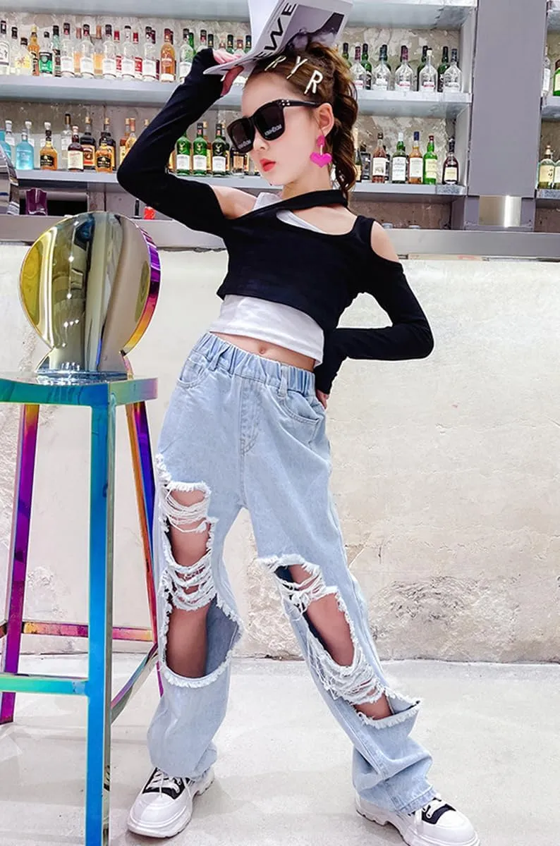 NABER Kids Girls Elastic Waist Cool Ripped Jeans Washed Denim Wide Leg Ripped Denim Jean Age 5-15 Years