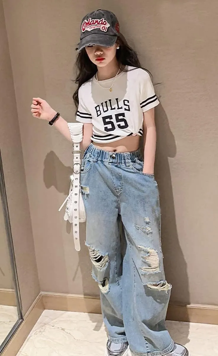 NABER Kids Girls Elastic Waist Cool Ripped Jeans Washed Denim Wide Leg Ripped Denim Jean Age 5-15 Years