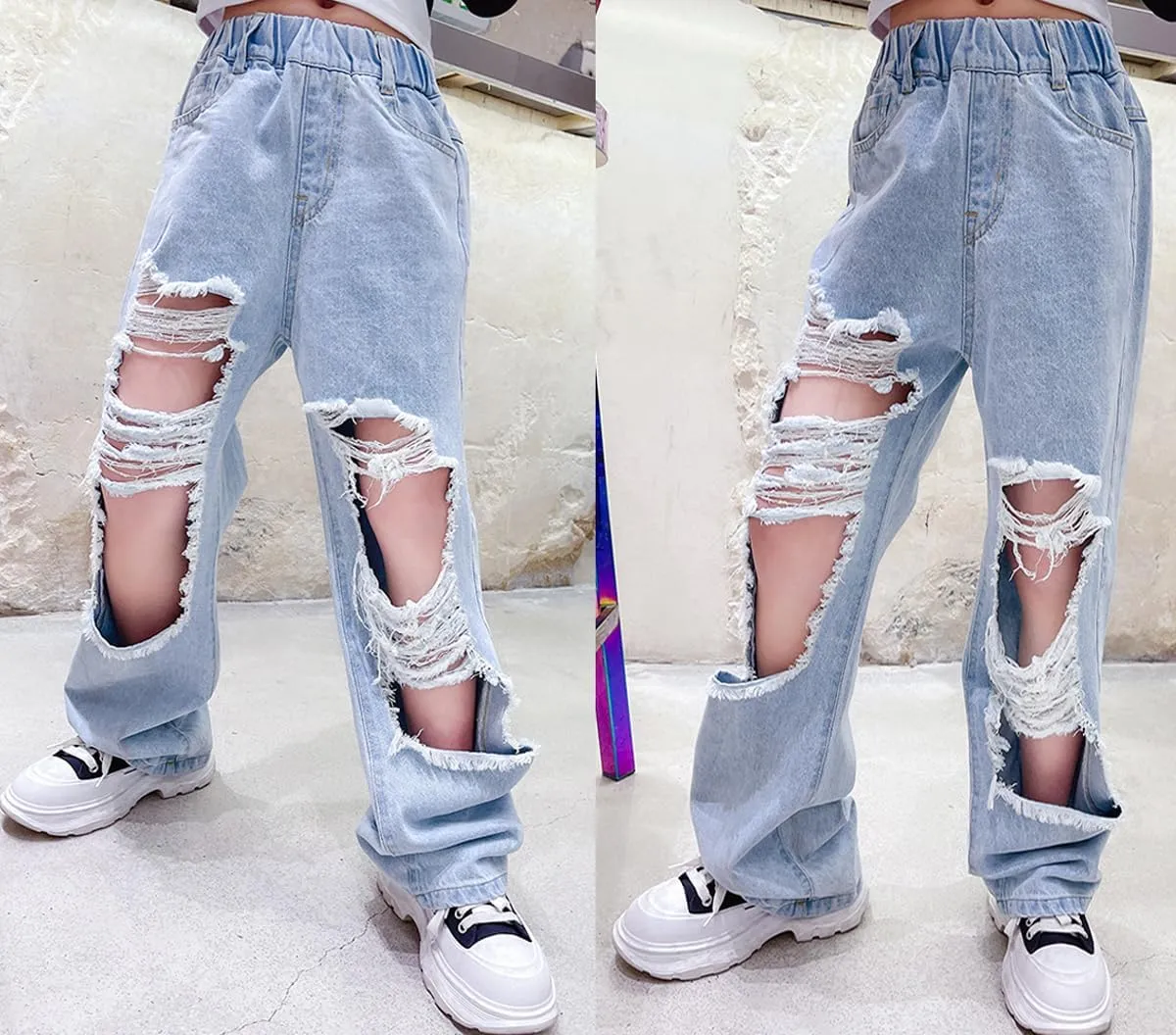 NABER Kids Girls Elastic Waist Cool Ripped Jeans Washed Denim Wide Leg Ripped Denim Jean Age 5-15 Years