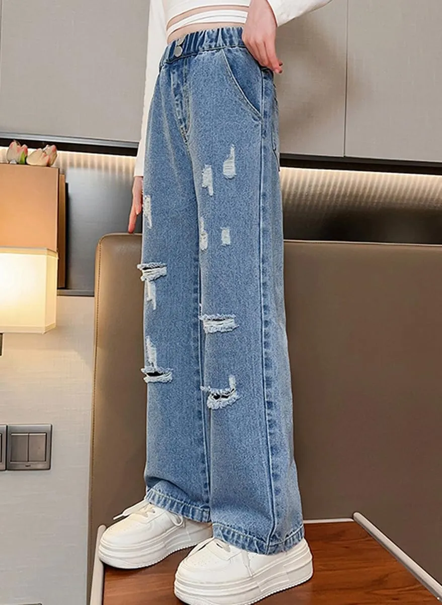 NABER Kids Girls Elastic Waist Cool Ripped Jeans Washed Denim Wide Leg Ripped Denim Jean Age 5-15 Years