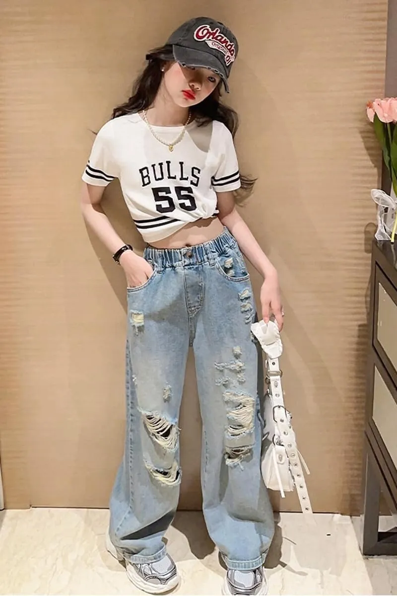 NABER Kids Girls Elastic Waist Cool Ripped Jeans Washed Denim Wide Leg Ripped Denim Jean Age 5-15 Years