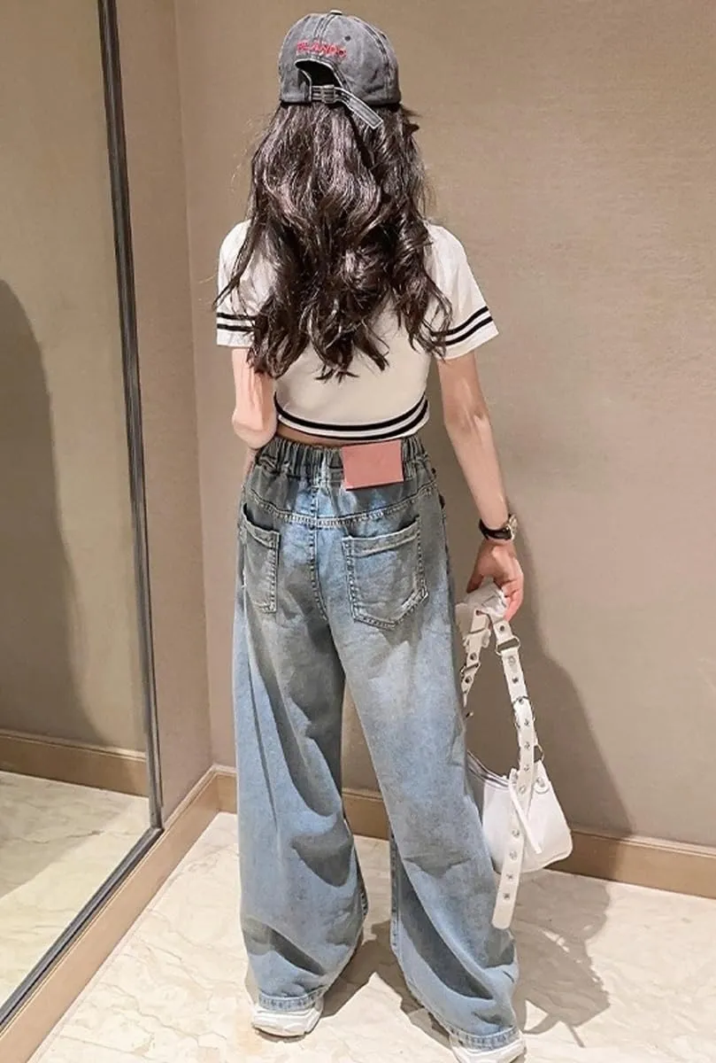 NABER Kids Girls Elastic Waist Cool Ripped Jeans Washed Denim Wide Leg Ripped Denim Jean Age 5-15 Years