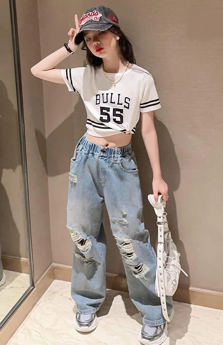 NABER Kids Girls Elastic Waist Cool Ripped Jeans Washed Denim Wide Leg Ripped Denim Jean Age 5-15 Years