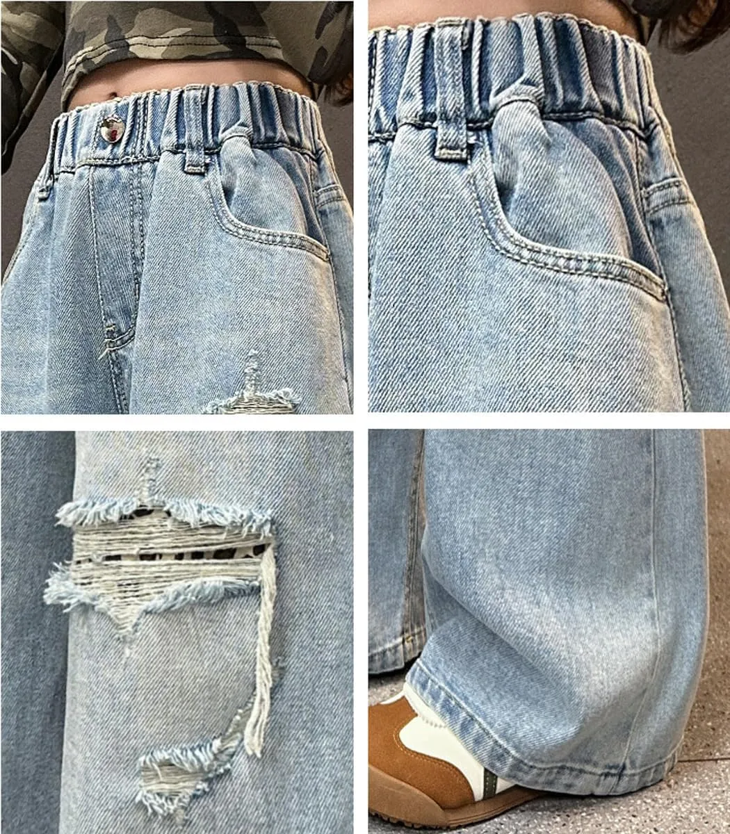NABER Kids Girls Elastic Waist Cool Ripped Jeans Washed Denim Wide Leg Ripped Denim Jean Age 5-15 Years
