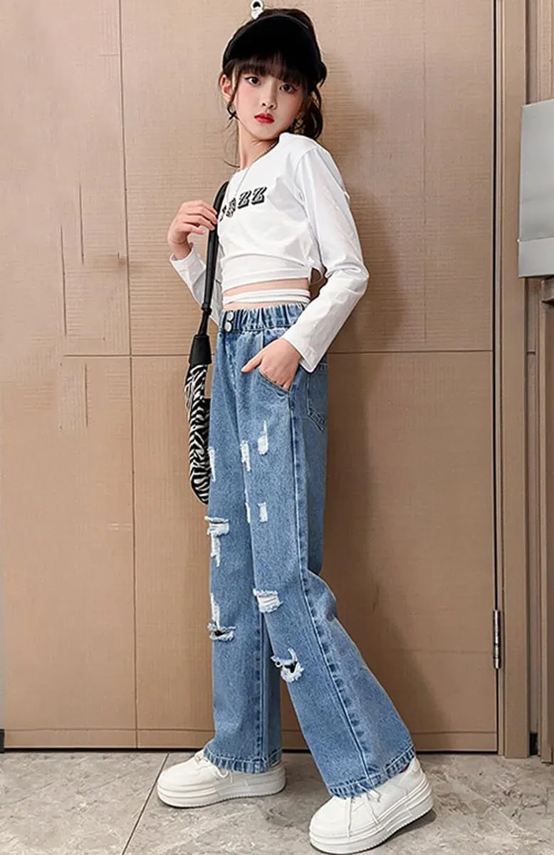NABER Kids Girls Elastic Waist Cool Ripped Jeans Washed Denim Wide Leg Ripped Denim Jean Age 5-15 Years