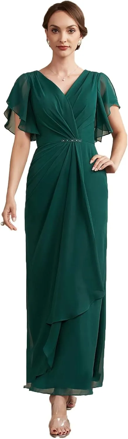 NABN Mother of The Bride Dresses Ruffle Sleeves Chiffon V Neck Bodycon Long Formal Gowns Evening Party Dresses