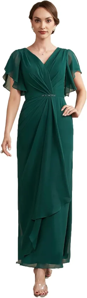 NABN Mother of The Bride Dresses Ruffle Sleeves Chiffon V Neck Bodycon Long Formal Gowns Evening Party Dresses