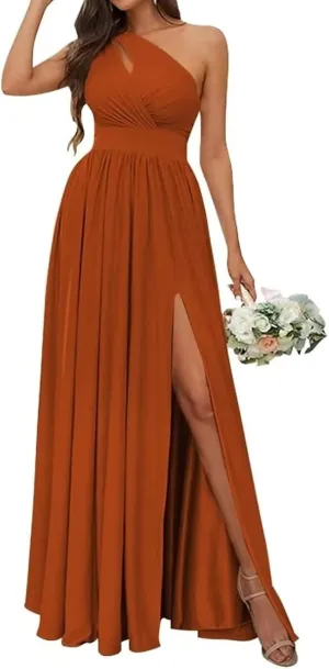NABN Women's One Shoulder Bridesmaid Dresses with Slit for Wedding Long Pleated Chiffon Wedding Prom Evening Gown