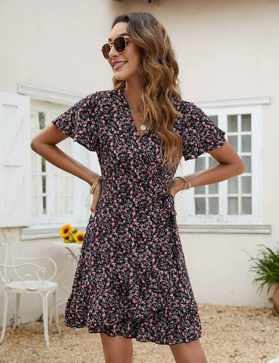Naggoo Women's Summer Wrap V Neck Polka Dot Print Ruffle Short Sleeve Mini Floral Dress with Belt