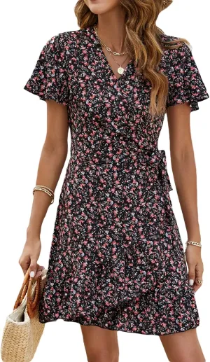 Naggoo Women's Summer Wrap V Neck Polka Dot Print Ruffle Short Sleeve Mini Floral Dress with Belt
