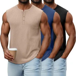 Neer 3 Pack Ribbed Tank Tops for Men Summer Sleeveless Henley Shirts Crewneck Tees Muscle Slim Fit Tank Top