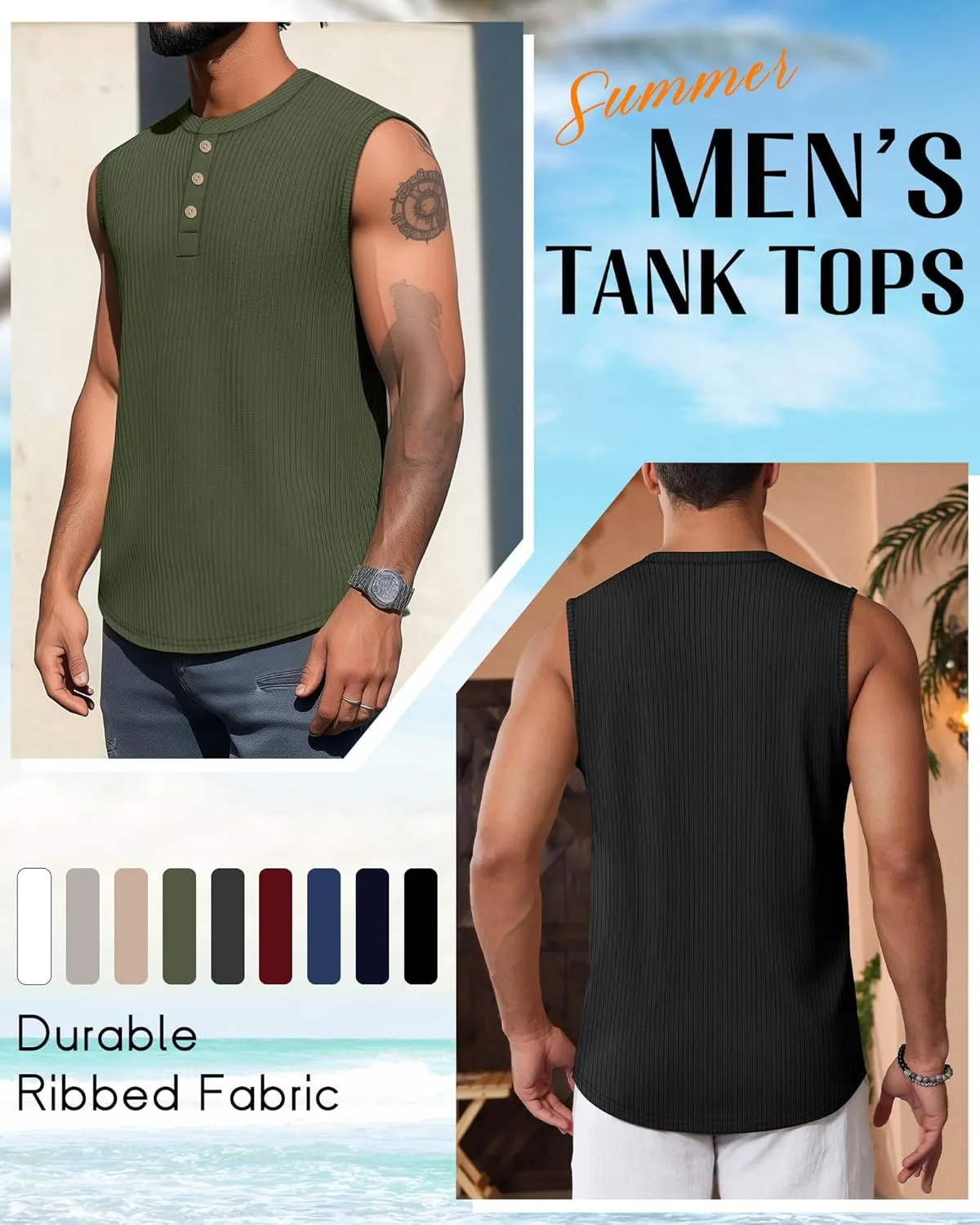 Neer 3 Pack Ribbed Tank Tops for Men Summer Sleeveless Henley Shirts Crewneck Tees Muscle Slim Fit Tank Top