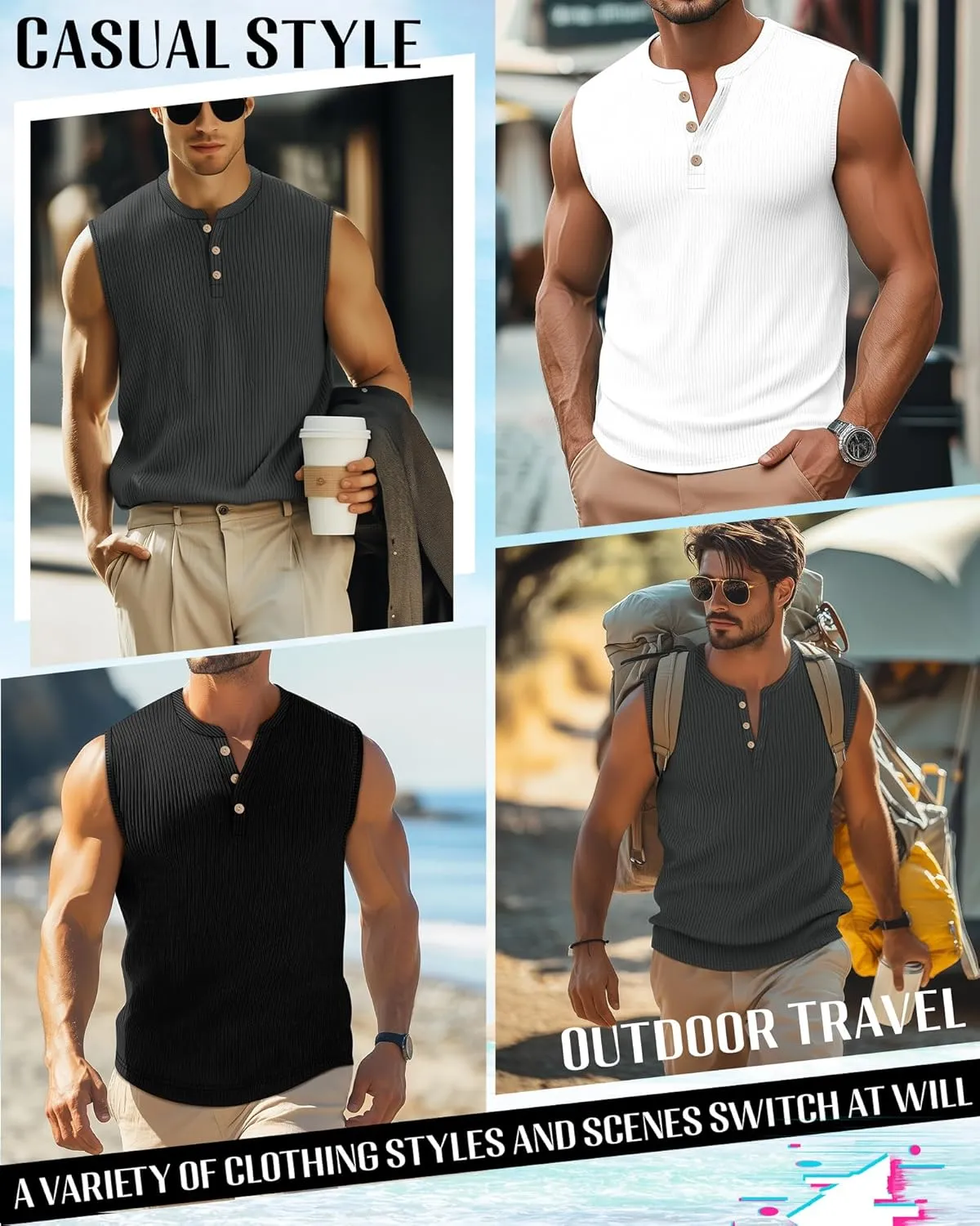 Neer 3 Pack Ribbed Tank Tops for Men Summer Sleeveless Henley Shirts Crewneck Tees Muscle Slim Fit Tank Top