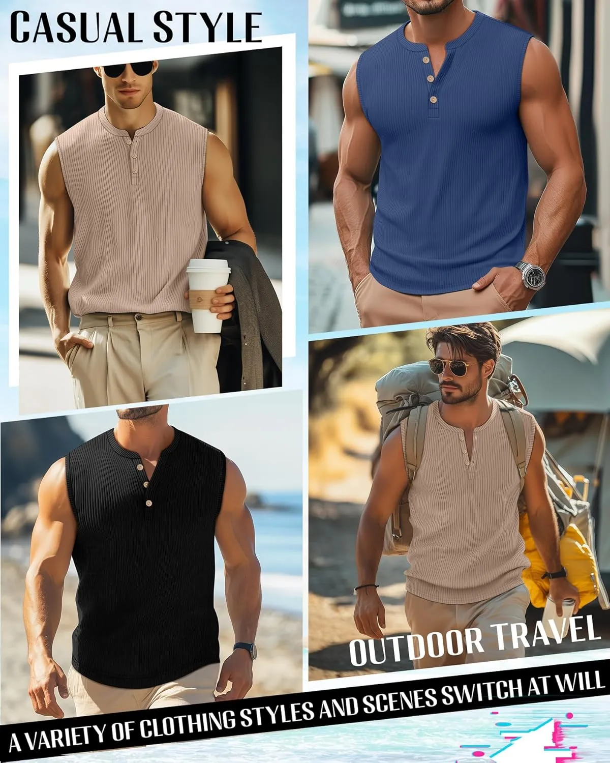 Neer 3 Pack Ribbed Tank Tops for Men Summer Sleeveless Henley Shirts Crewneck Tees Muscle Slim Fit Tank Top