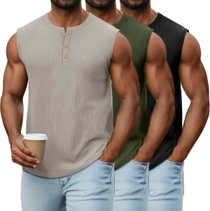 Neer 3 Pack Ribbed Tank Tops for Men Summer Sleeveless Henley Shirts Crewneck Tees Muscle Slim Fit Tank Top