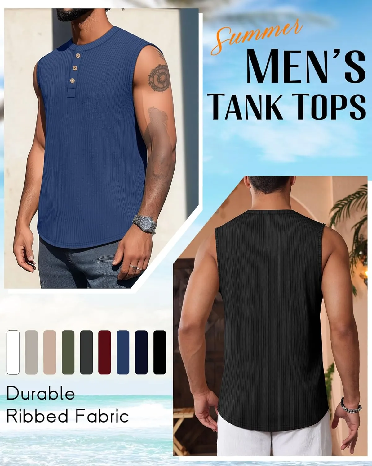 Neer 3 Pack Ribbed Tank Tops for Men Summer Sleeveless Henley Shirts Crewneck Tees Muscle Slim Fit Tank Top