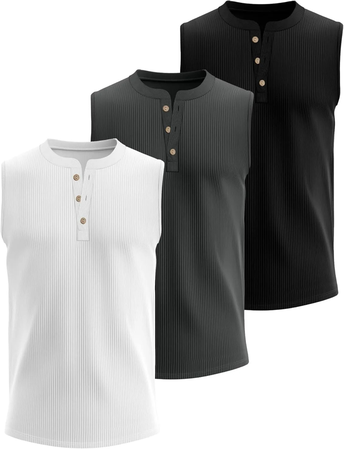 Neer 3 Pack Ribbed Tank Tops for Men Summer Sleeveless Henley Shirts Crewneck Tees Muscle Slim Fit Tank Top