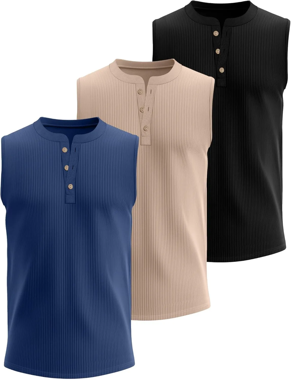 Neer 3 Pack Ribbed Tank Tops for Men Summer Sleeveless Henley Shirts Crewneck Tees Muscle Slim Fit Tank Top