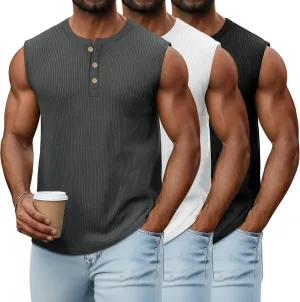 Neer 3 Pack Ribbed Tank Tops for Men Summer Sleeveless Henley Shirts Crewneck Tees Muscle Slim Fit Tank Top