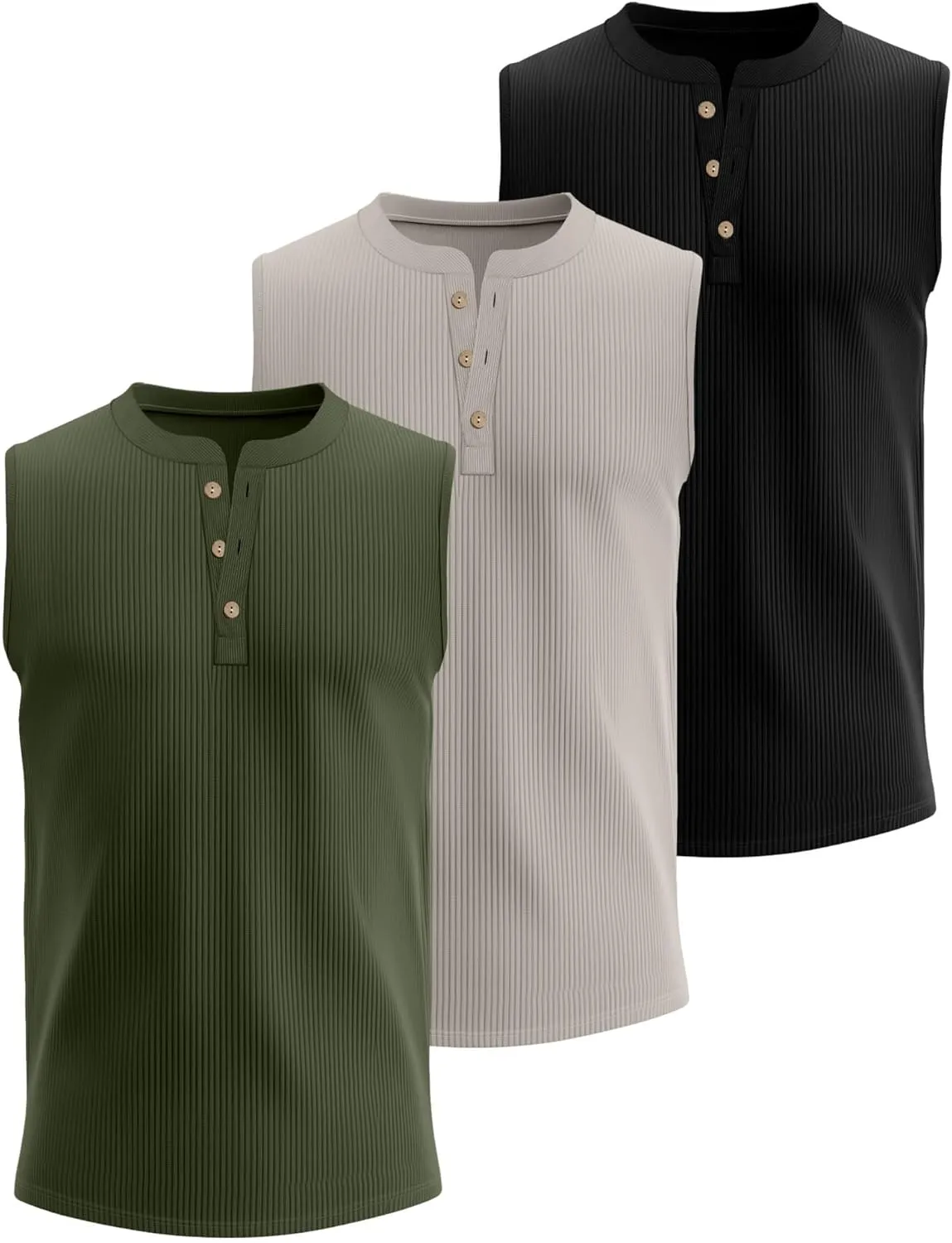 Neer 3 Pack Ribbed Tank Tops for Men Summer Sleeveless Henley Shirts Crewneck Tees Muscle Slim Fit Tank Top
