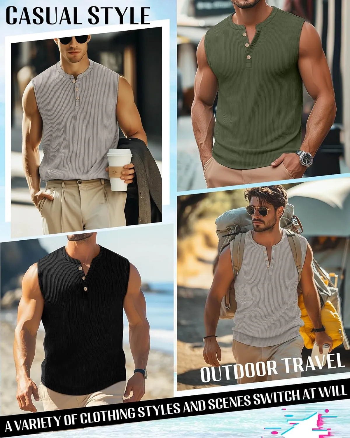 Neer 3 Pack Ribbed Tank Tops for Men Summer Sleeveless Henley Shirts Crewneck Tees Muscle Slim Fit Tank Top