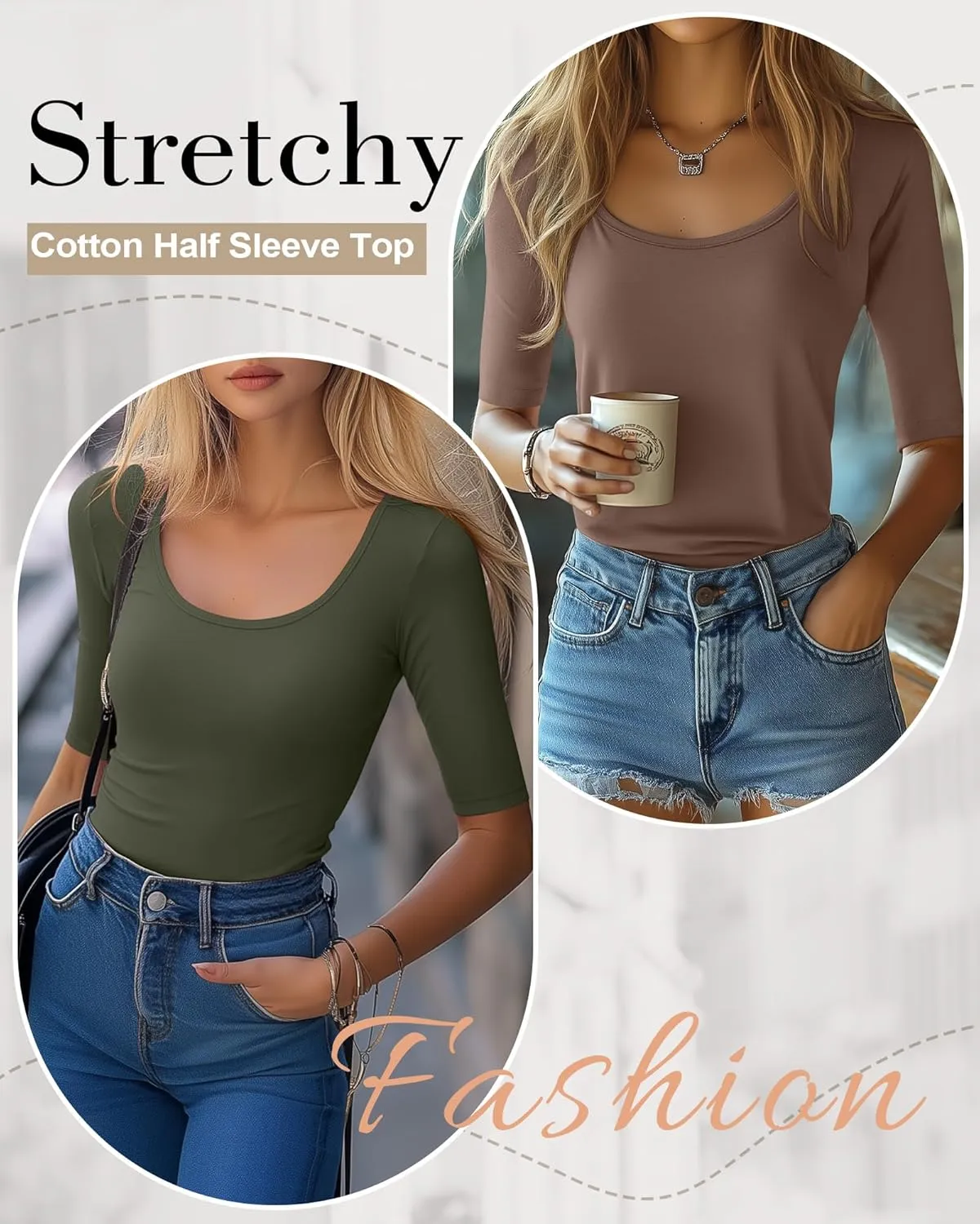 Neer 3 Pack Women's Scoop Neck Stretchy Tops Cotton Half Sleeve Slim Fitted T-Shirts Tight Casual Basic Summer Tees