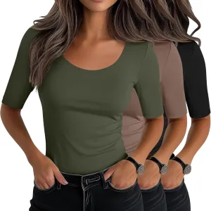 Neer 3 Pack Women's Scoop Neck Stretchy Tops Cotton Half Sleeve Slim Fitted T-Shirts Tight Casual Basic Summer Tees