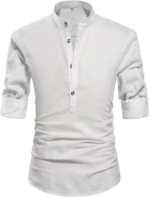 NITAGUT Men Henley Neck Long Sleeve Daily Look Linen Shirts