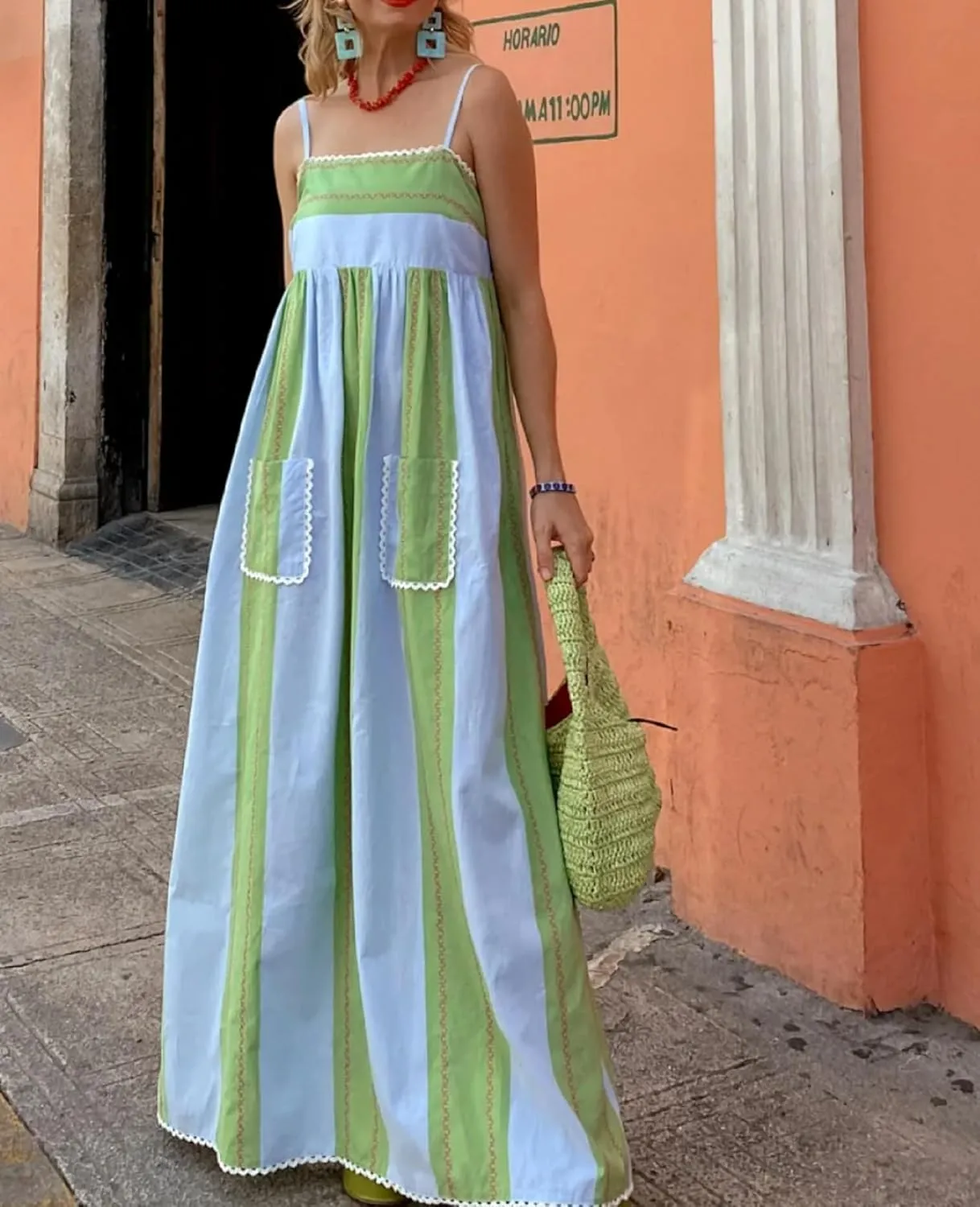 NUFIWI Women Boho Spaghetti Strap Graffiti Cami Long Dress Cute Flowy Swing Maxi Dress Colorful A Line Sundress