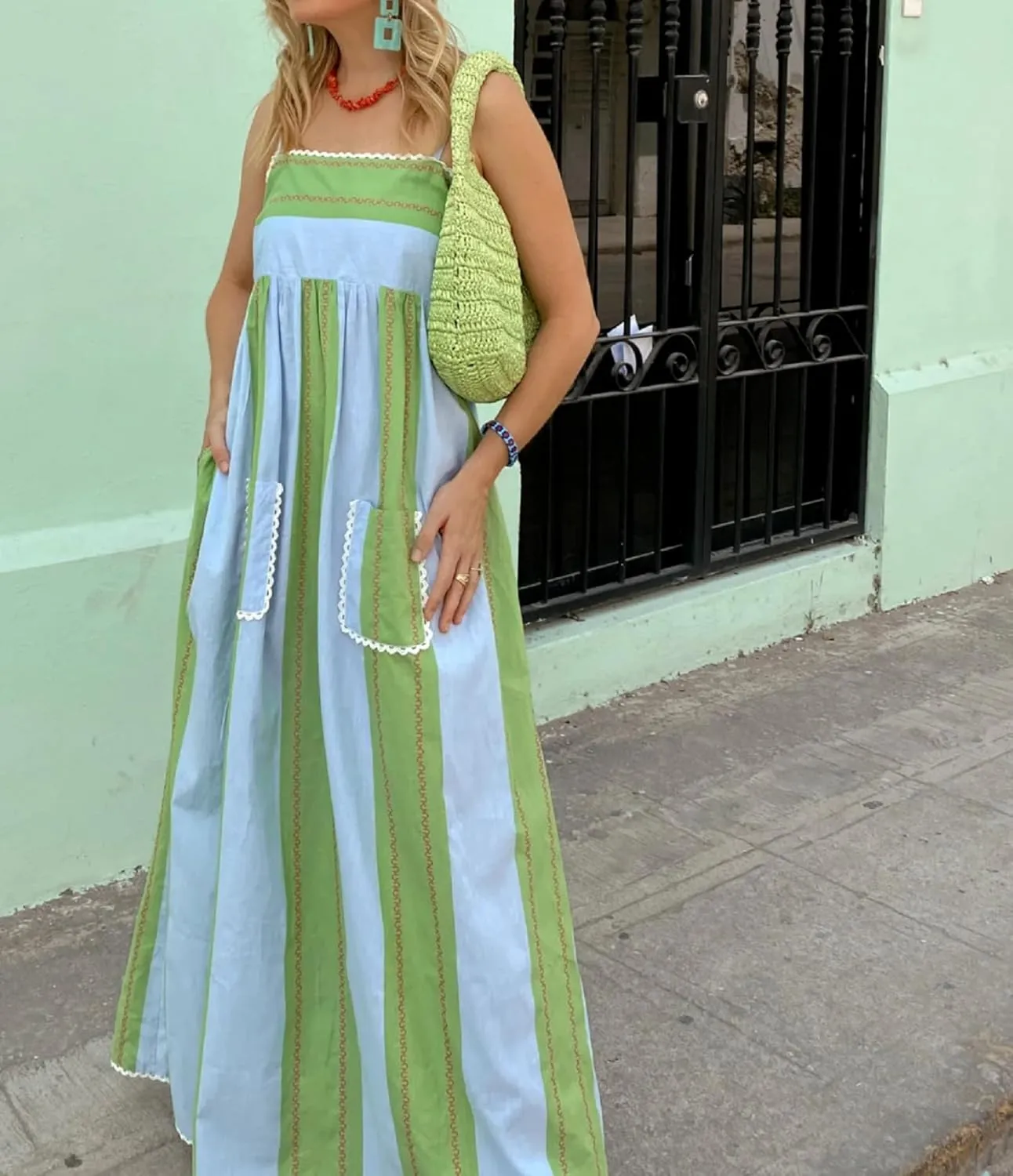 NUFIWI Women Boho Spaghetti Strap Graffiti Cami Long Dress Cute Flowy Swing Maxi Dress Colorful A Line Sundress
