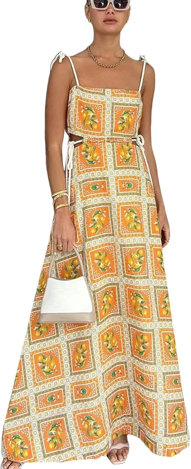 NUFIWI Women Boho Spaghetti Strap Graffiti Cami Long Dress Cute Flowy Swing Maxi Dress Colorful A Line Sundress