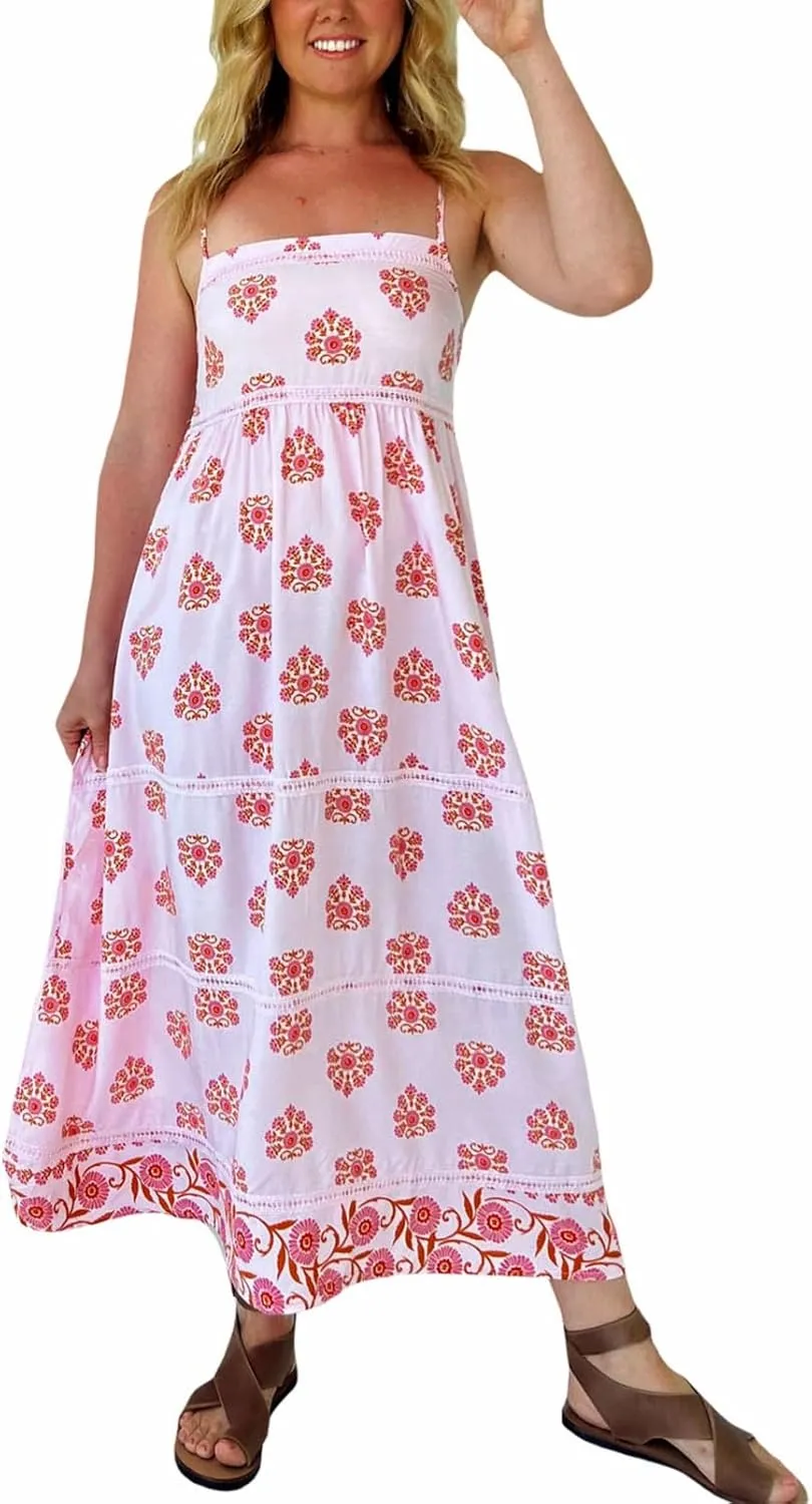 NUFIWI Women Boho Spaghetti Strap Graffiti Cami Long Dress Cute Flowy Swing Maxi Dress Colorful A Line Sundress