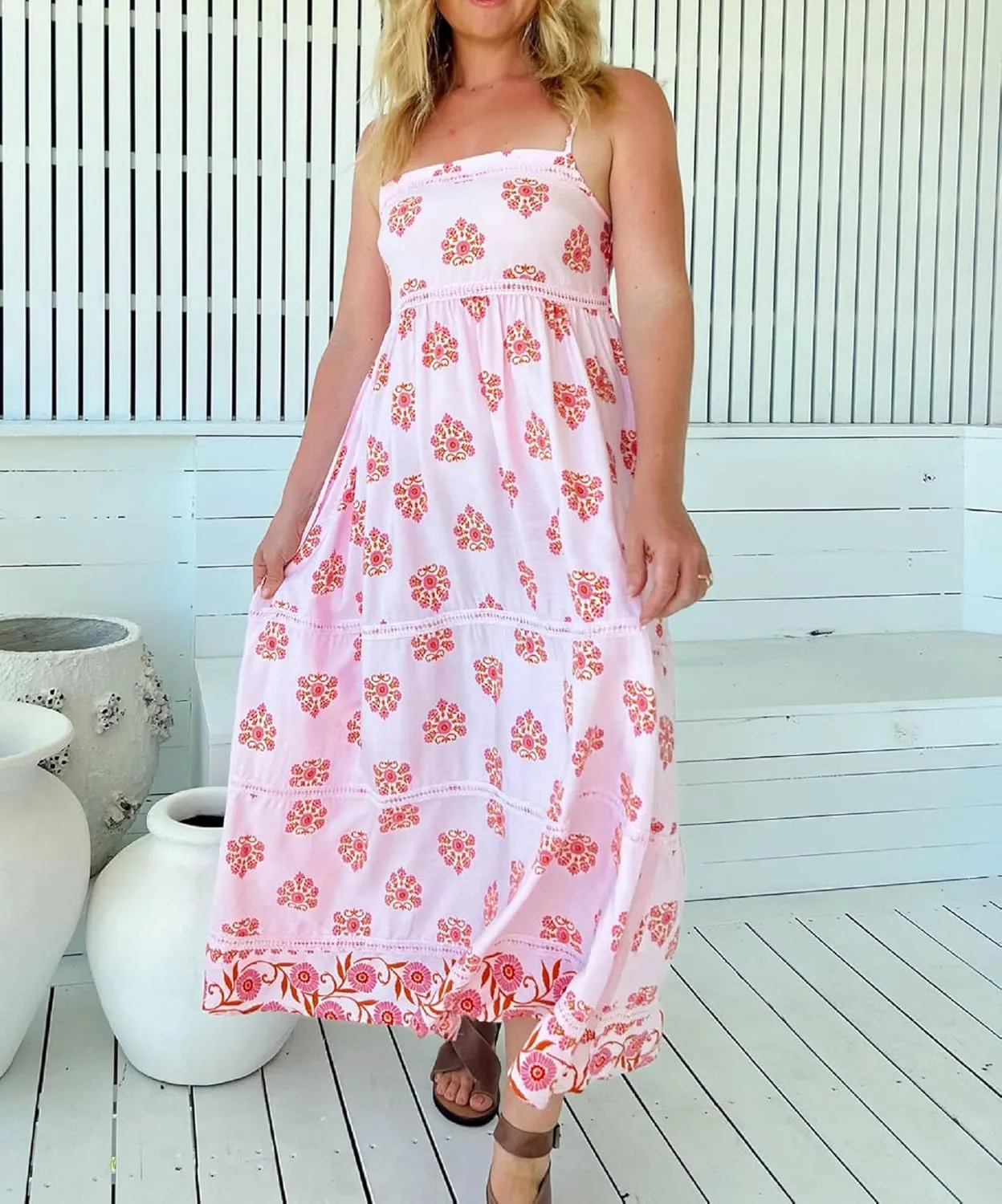NUFIWI Women Boho Spaghetti Strap Graffiti Cami Long Dress Cute Flowy Swing Maxi Dress Colorful A Line Sundress