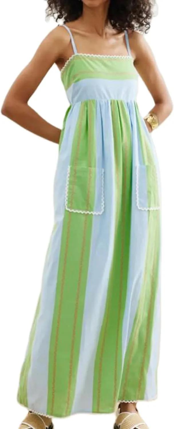 NUFIWI Women Boho Spaghetti Strap Graffiti Cami Long Dress Cute Flowy Swing Maxi Dress Colorful A Line Sundress