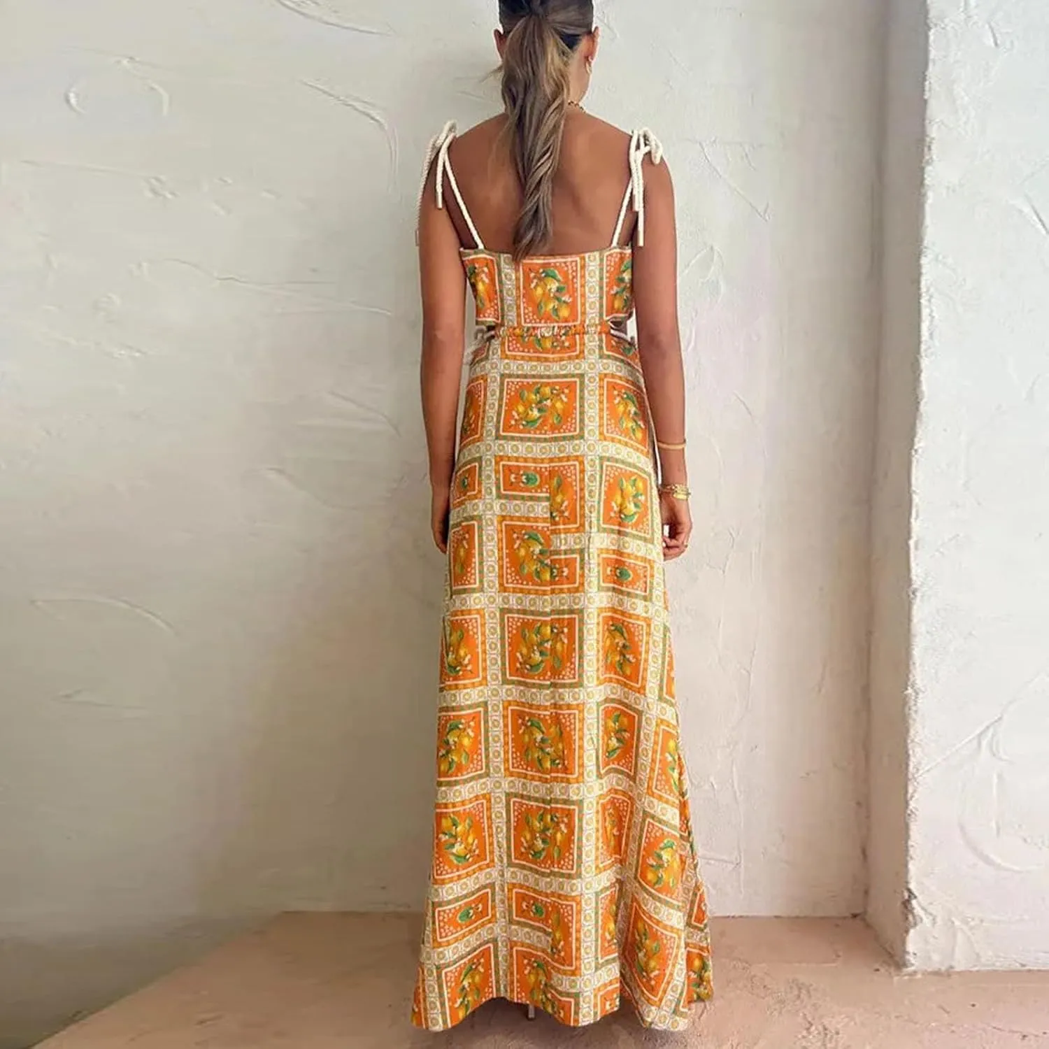 NUFIWI Women Boho Spaghetti Strap Graffiti Cami Long Dress Cute Flowy Swing Maxi Dress Colorful A Line Sundress