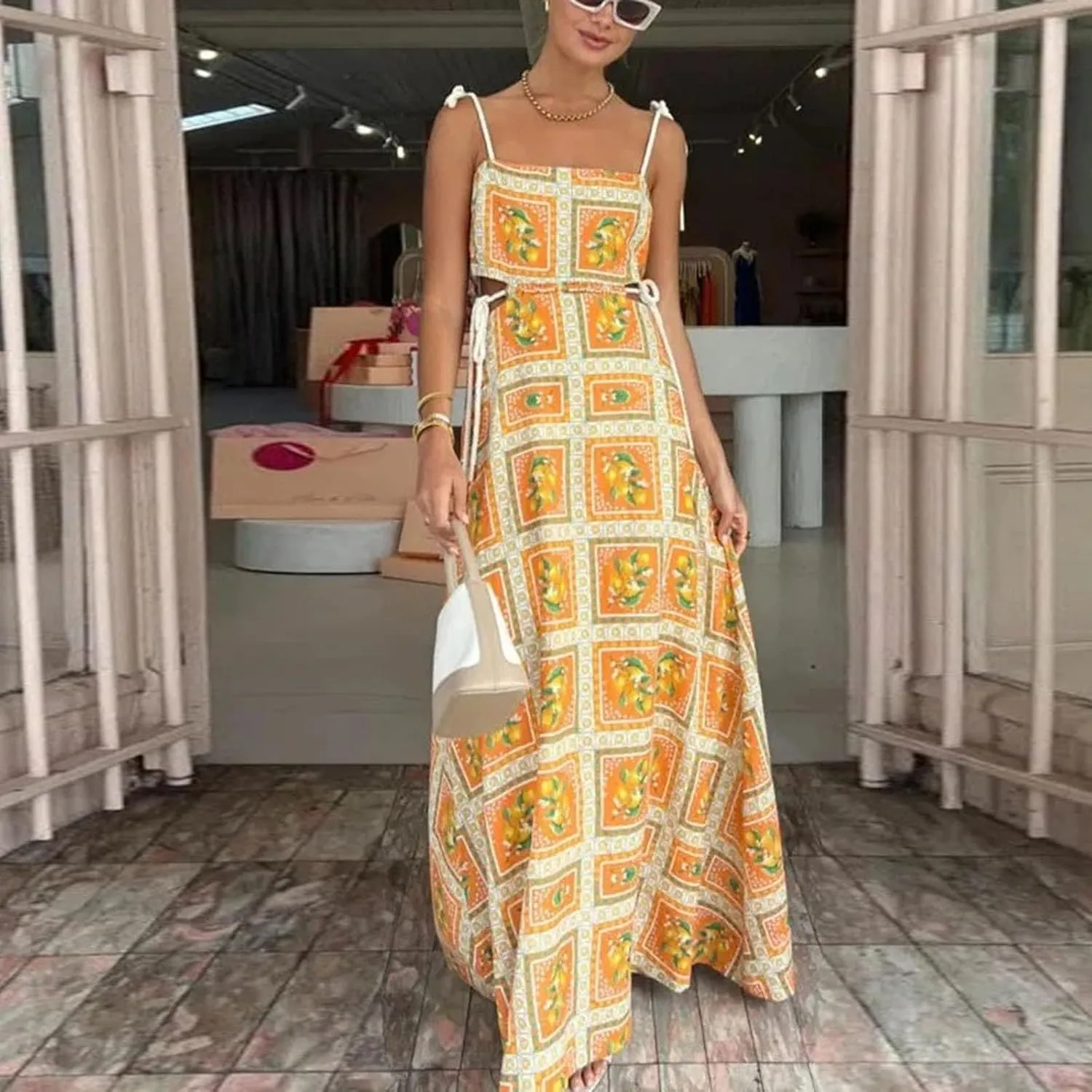 NUFIWI Women Boho Spaghetti Strap Graffiti Cami Long Dress Cute Flowy Swing Maxi Dress Colorful A Line Sundress