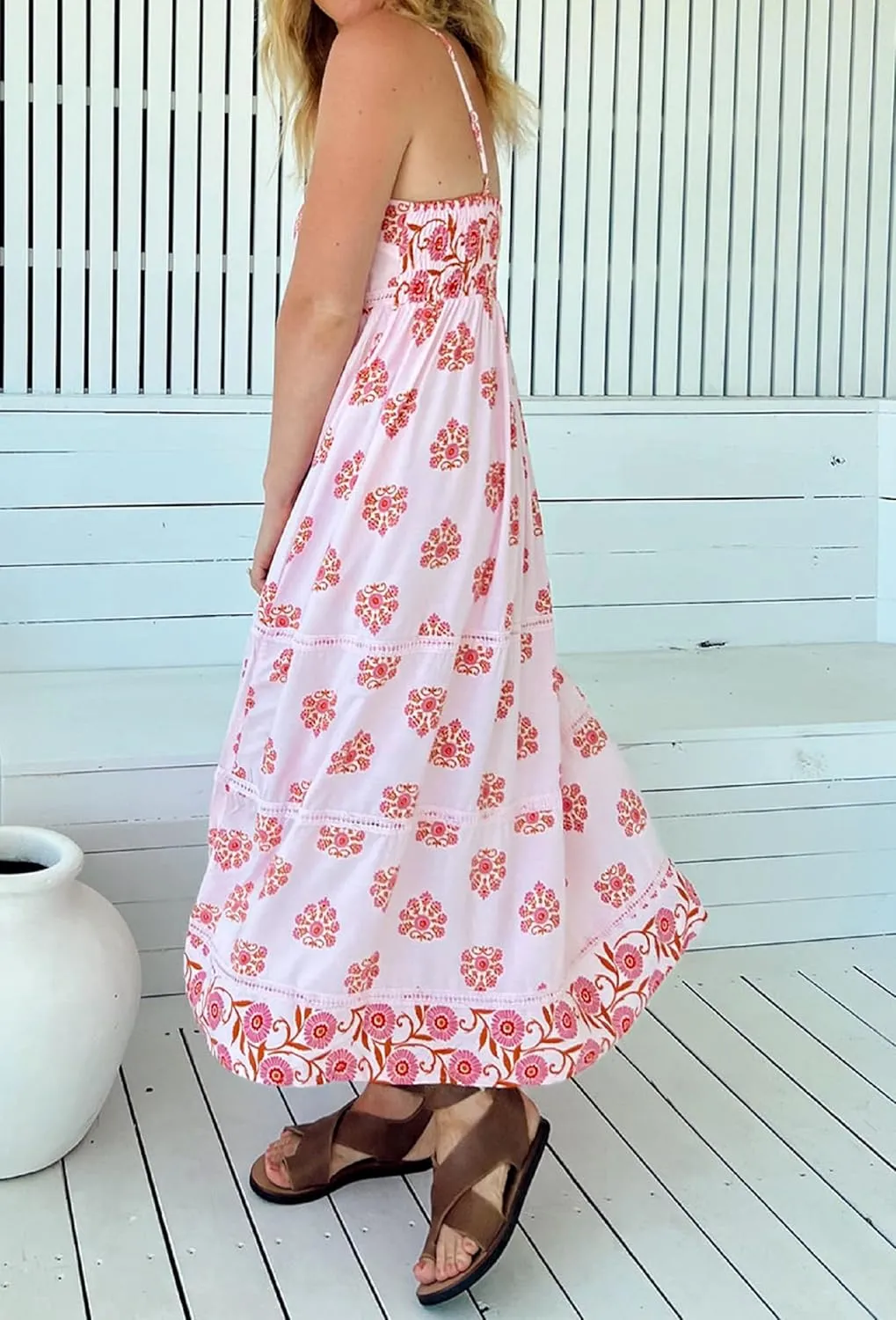 NUFIWI Women Boho Spaghetti Strap Graffiti Cami Long Dress Cute Flowy Swing Maxi Dress Colorful A Line Sundress