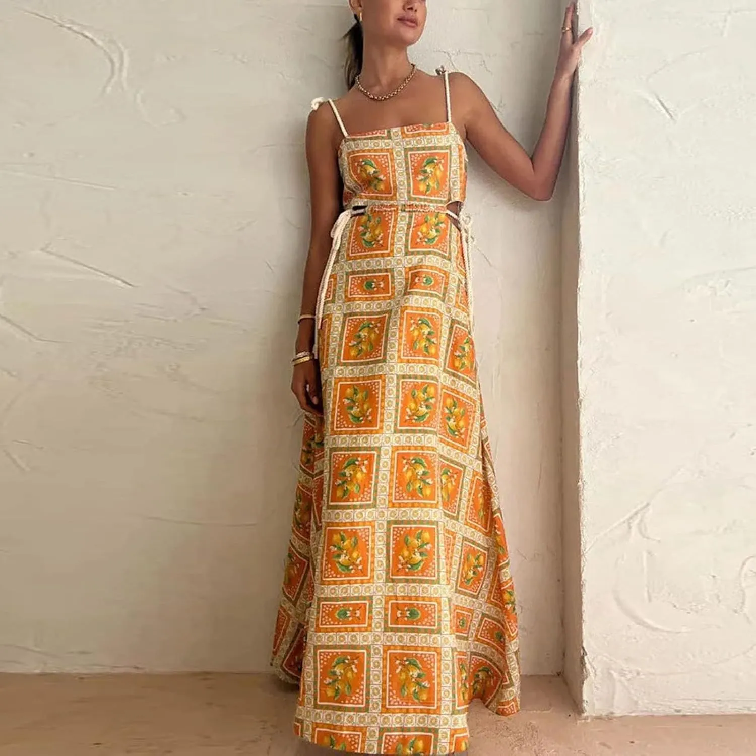 NUFIWI Women Boho Spaghetti Strap Graffiti Cami Long Dress Cute Flowy Swing Maxi Dress Colorful A Line Sundress