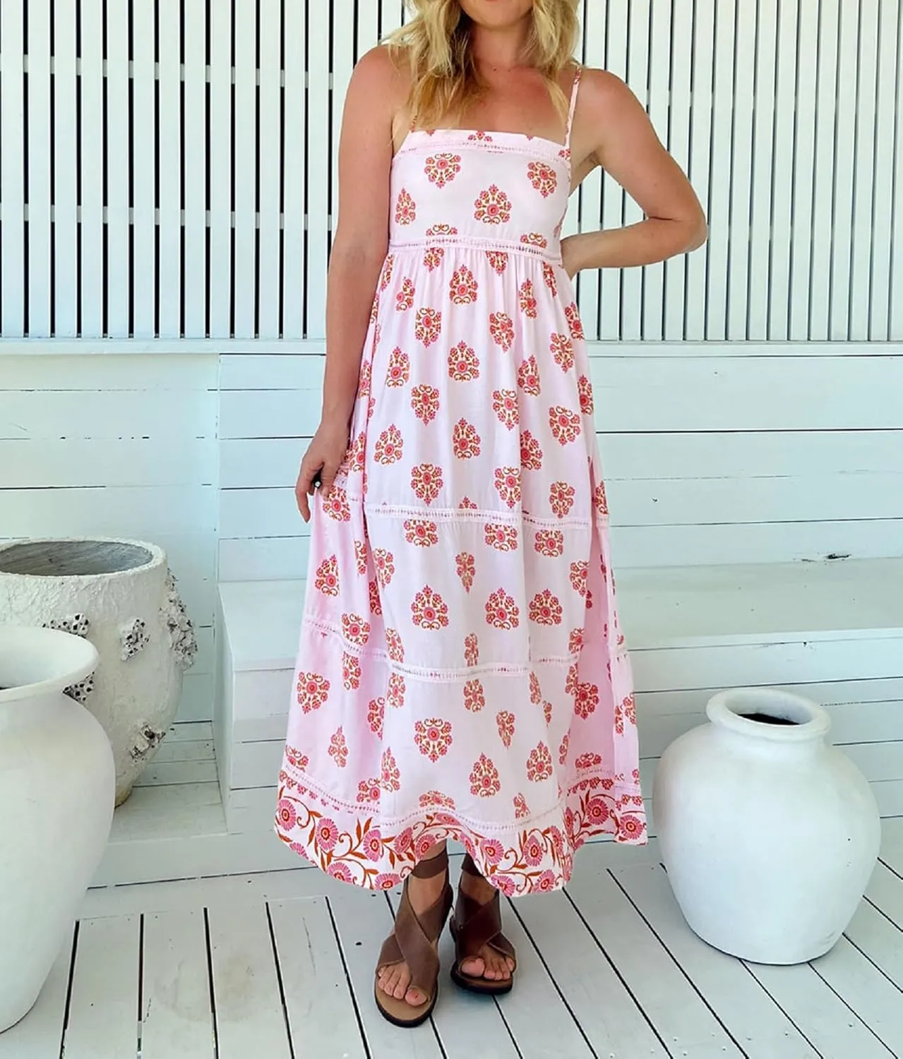 NUFIWI Women Boho Spaghetti Strap Graffiti Cami Long Dress Cute Flowy Swing Maxi Dress Colorful A Line Sundress