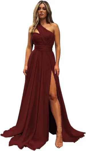 One Shoulder Bridesmaid Dresses for Wedding with Pocket Chiffon Pleated Long Formal Evening Dress