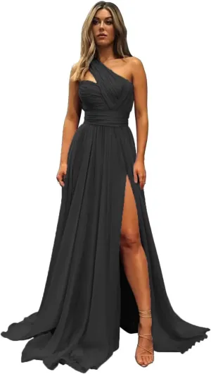 One Shoulder Bridesmaid Dresses for Wedding with Pocket Chiffon Pleated Long Formal Evening Dress