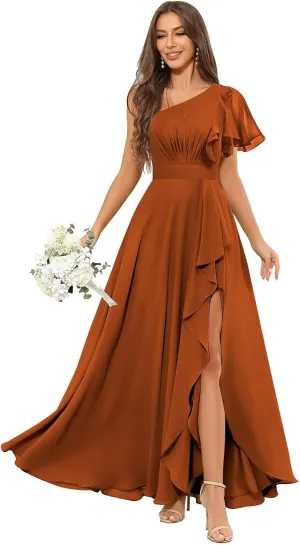 One Shoulder Bridesmaid Dresses with Sleeves Ruffle Chiffon Formal Dress for Women